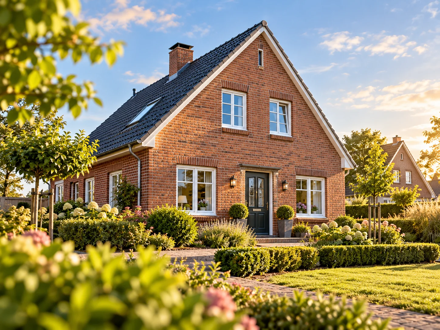 Illustratives Klinkerhaus mit Garten als Motiv zum Eigenheimkauf