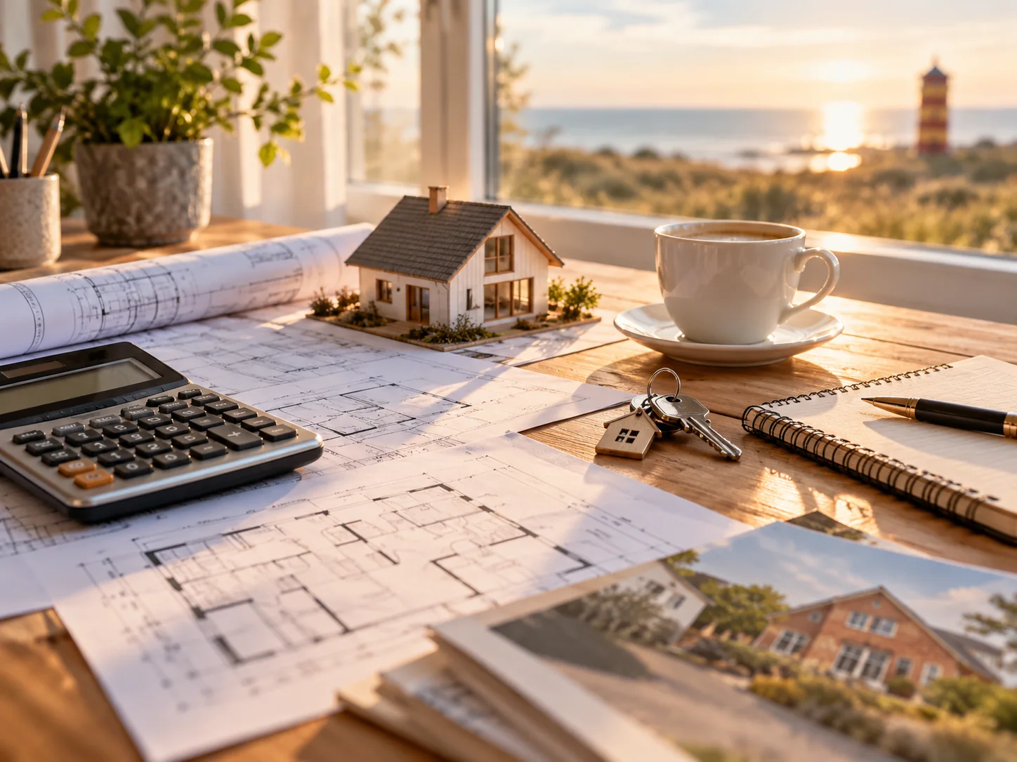 Finanzierungsunterlagen mit Taschenrechner und Modellhaus