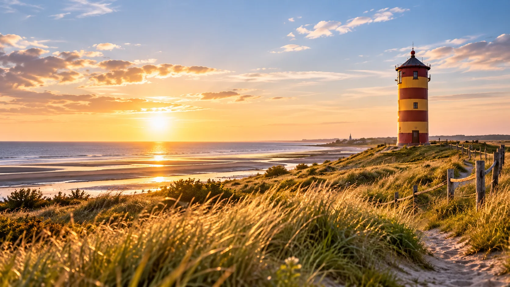 Nordseelandschaft mit Leuchtturm im Abendlicht
