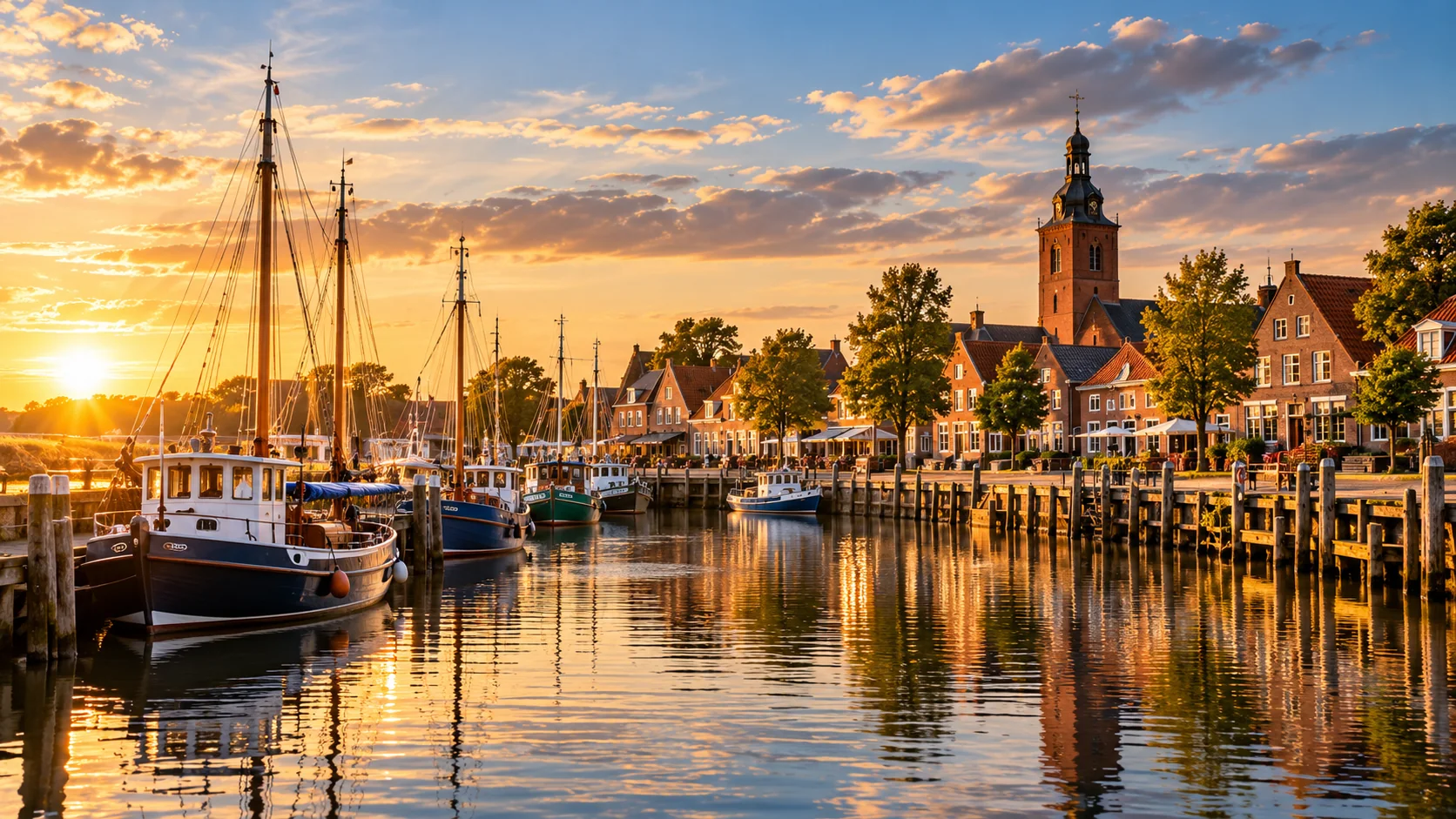 Norddeutsche Hafenszene mit Segelschiffen bei Sonnenuntergang, symbolisches Regionalmotiv